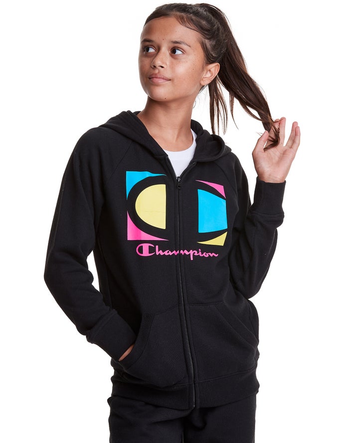 Sudadera Con Capucha Champion Niña - Full Zip Colorblock C Logo ( Negras ) 9321805-PN